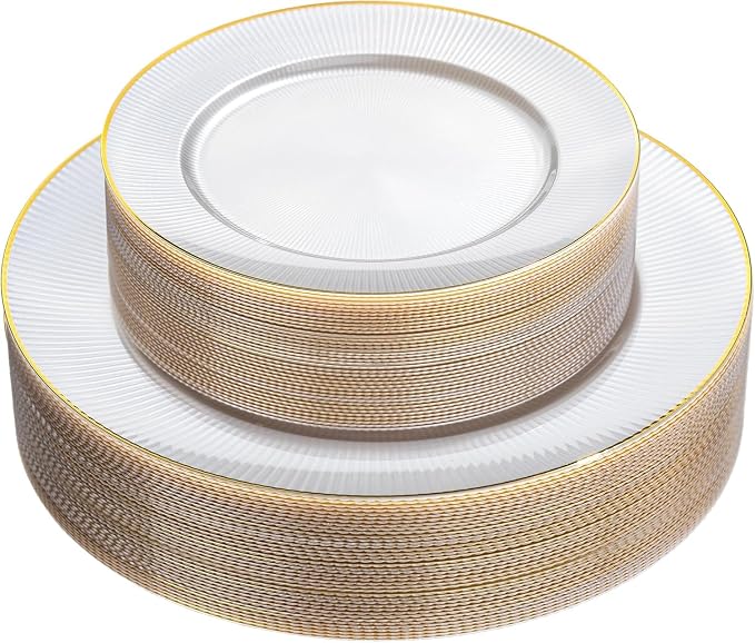 Hioasis 60pcs White and Gold Plastic Plates - White Disposable Dinnerware Set, 30pcs Dinner 10in & 30pcs Dessert 7in Plates with Striped Designs for Party & Wedding