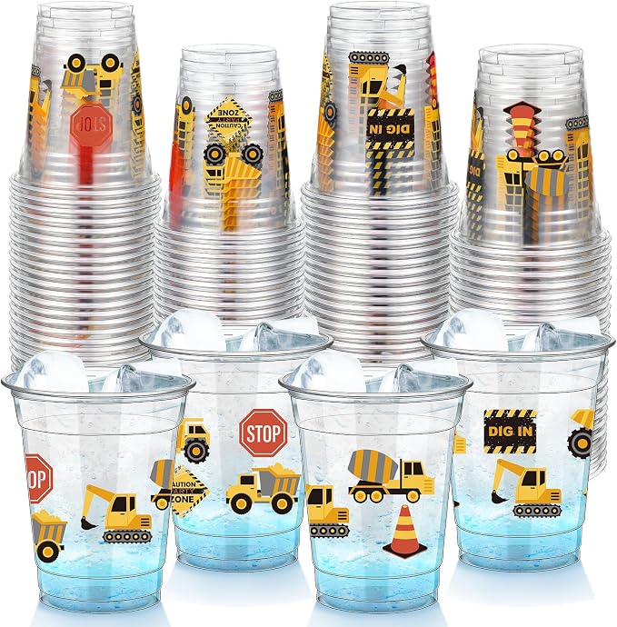 FoldTier 50 Pcs Construction Cups 12 oz Traffic Zone Birthday Glasses Plastic Dump Truck Construction Drinking Cups for Home Traffic Zone Birthday Party Favors Supplies Decoration