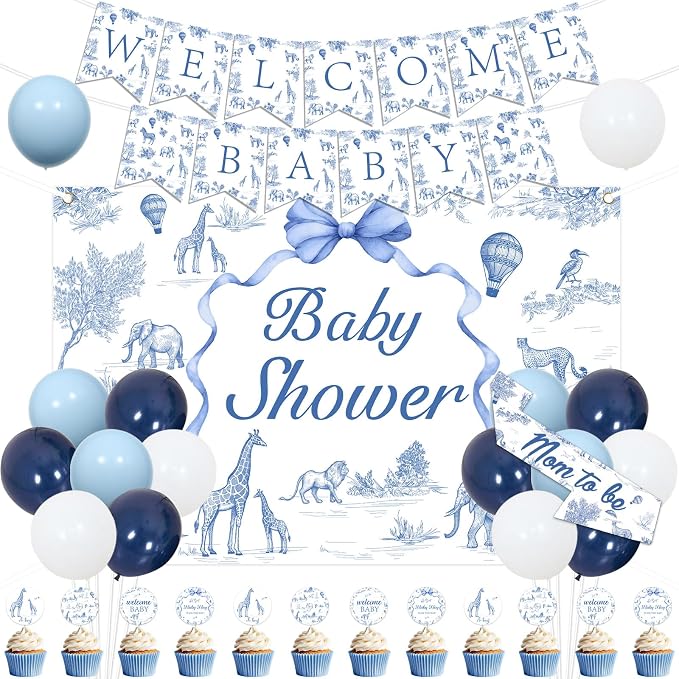 Blue Safari Baby Shower Decorations Safari Animals Theme Welcome Baby Banner Backdrop Cupcake Toppers Mom to Be Sash with Balloons Kit for Boys Baby Shower Gender Reveal Party Supplies