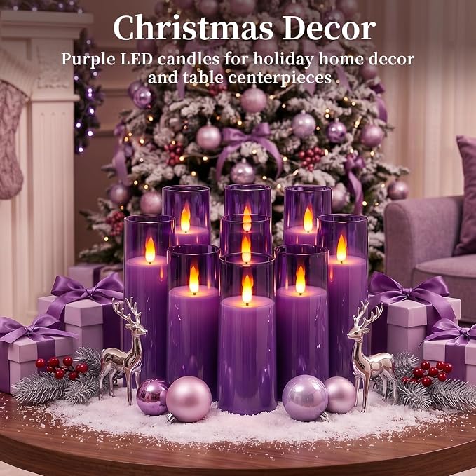 Homemory Purple Battery Operated Flameless Candles with Remote and Timer, Flickering LED Pillar Candles, Acrylic Decorative Candles for Home Decor, Weddings, Parties and Holidays, 9 Pack