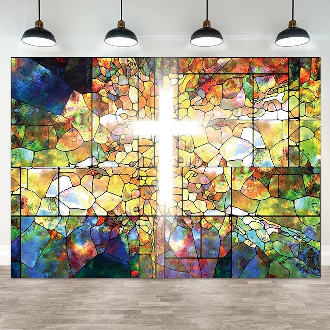 15x10ft Jesus Cross Backdrop Crucifix Church Event Photography Background Stained Glass Holy Bible Lord Pray Sanctuary Religious Baptism Banner Decorations Easter Portraits Photo Booth Prop