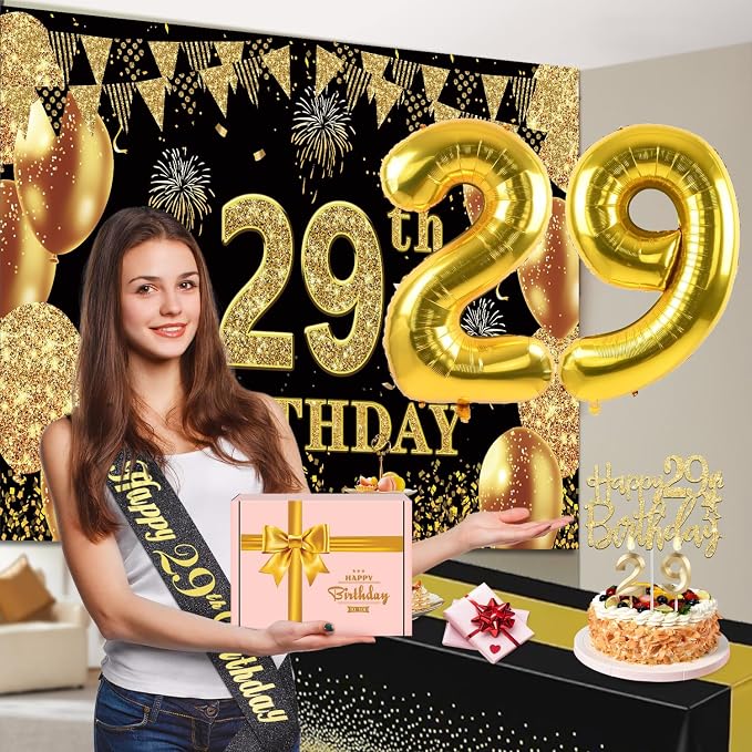 29th Birthday Decorations Men Women with 29th Birthday Banner, Black and Gold Table Cloth, Number Balloons, Large Sash, Cake Topper and Candles