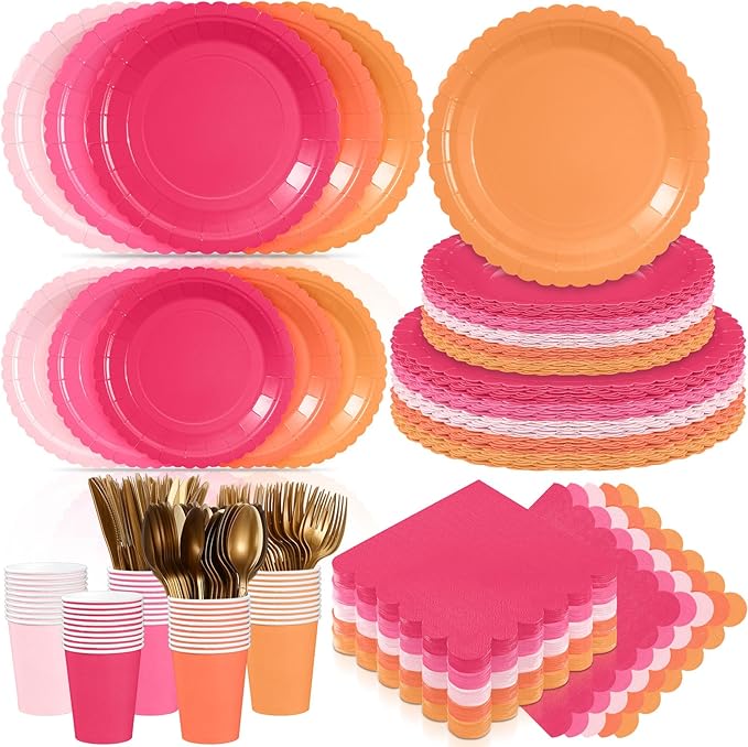 Zhehao 350 Pcs Pink and Orange Plates and Napkins Hot Pink Orange Party Disposable Tableware Kit with Plates, Cups, Napkins, Cutlery for Sunset Neon Baby Shower, Birthday, Wedding Party Supplies
