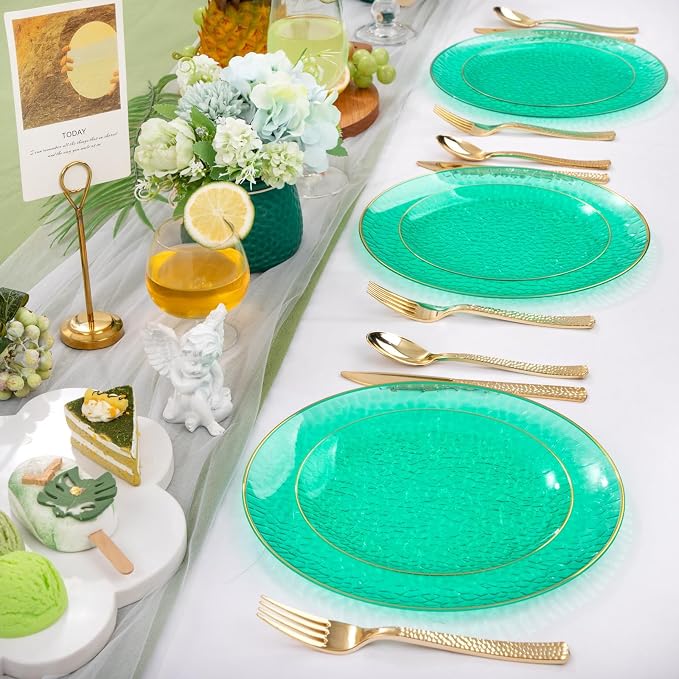 Hioasis 60pcs Green Plastic Plates - Gold Rimmed Disposable, Hammered, Heavy-duty Dinnerware Set Suitable for 30 Guests, 10.25" Dinner & 7.5" Dessert Plates for Party & Wedding