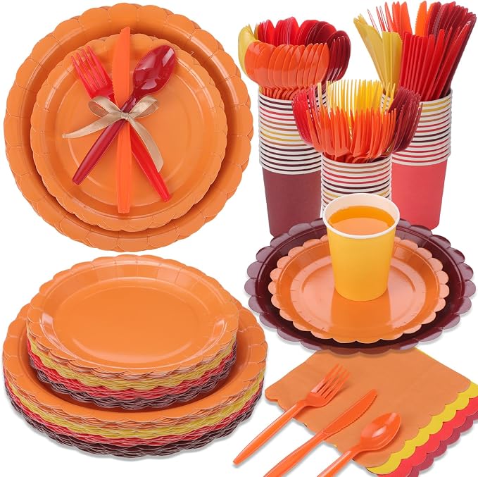 Ziliny 350 Pcs Fall Thanksgiving Plates and Napkins, 50 Guest Autumn Party Supplies Include Scalloped Paper Plates Napkins Cups Plastic Spoons Forks Knives Disposable Tableware Set for Harvest Party