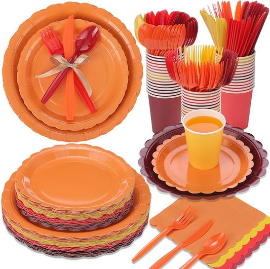 Ziliny 350 Pcs Fall Thanksgiving Plates and Napkins, 50 Guest Autumn Party Supplies Include Scalloped Paper Plates Napkins Cups Plastic Spoons Forks Knives Disposable Tableware Set for Harvest Party