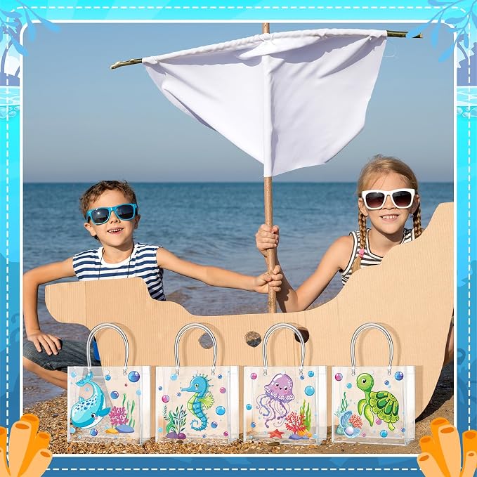 Teenyyou 24 Pcs Sea Animal Party Favor Bags PVC Clear Ocean Gift Bags with Handle for Birthday Party Supplies
