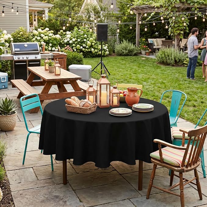 sancua Round Tablecloth - 90 Inch - Water Resistant Spill Proof Washable Polyester Table Cloth Decorative Fabric Table Cover for Dining Tables, Buffet Parties and Camping, Black