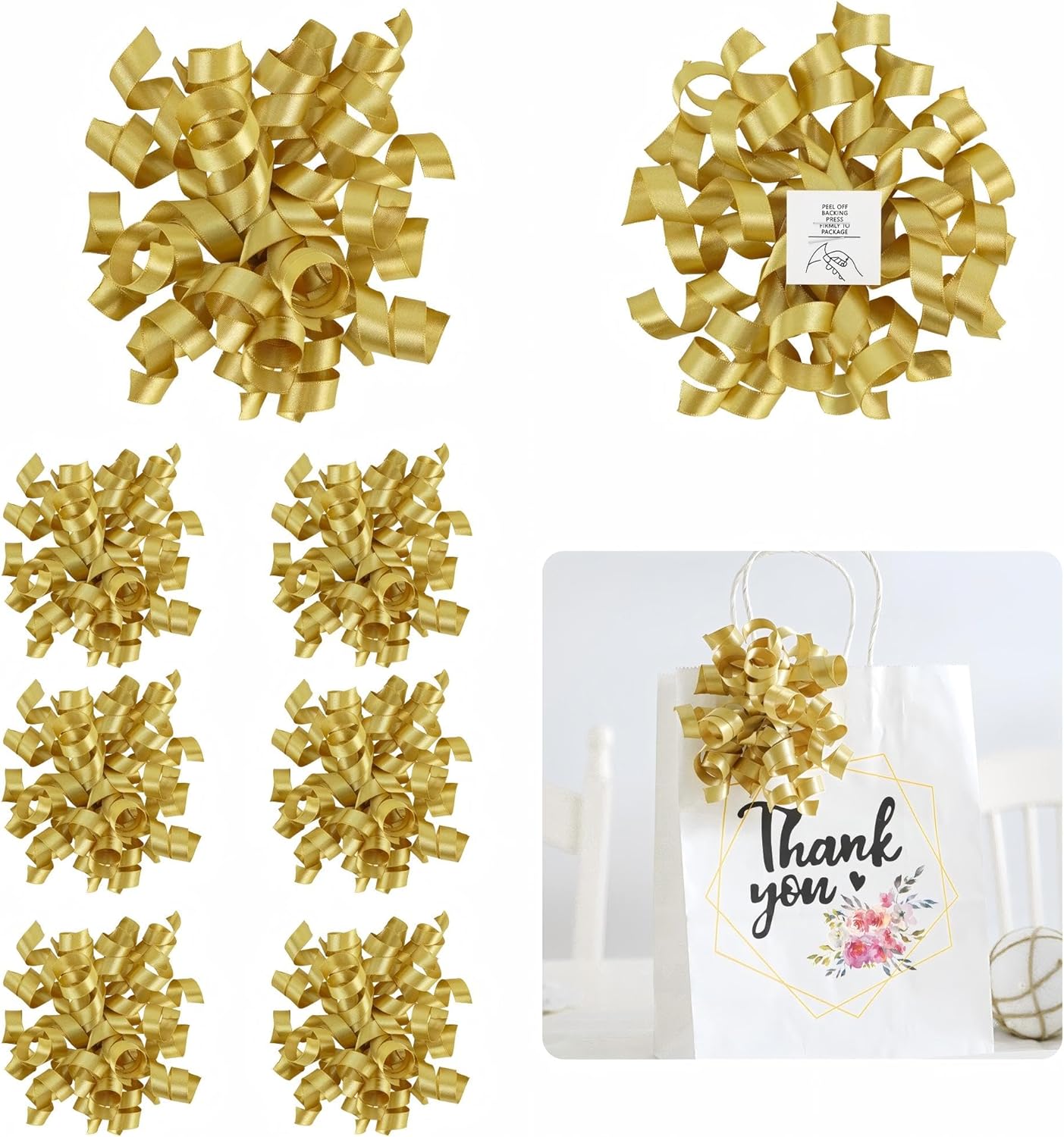 5 Inch Gold Bows Curly Ribbon Bows for Gift Wrapping, Satin Bows with Double-Sided Tape, Self Adhesive Bows for Party, Wedding, Birthday Decor, Premade Bows for Crafts, Wine Glasses-8 PCs