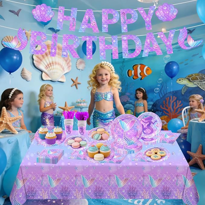 182pcs Mermaid Birthday Party Decorations,Mermaid Themed Plates and Napkins Disposable Tableware Set for Girls Birthday Party Supplies,Serve 30 Guests