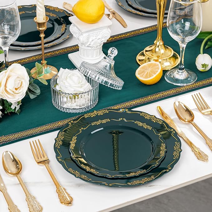 DaYammi 150Pcs Green Plastic Plates with Gold Silverware,Green Disposable Plates for Party include 30 Dinner Plate,30 Dessert Plate,90 Gold Plastic Cutlery,green gold plate for Party Dinner
