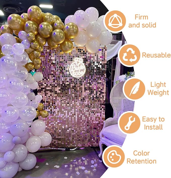 Pink Shimmer Wall Backdrop,Shiny Sequins,12Pcs Sequins Backdrop Panels,Glitter Bling Photo Background Decorations for Birthday Party Wedding Engagement Anniversary Graduation (Each 1FT², Total 12FT²)