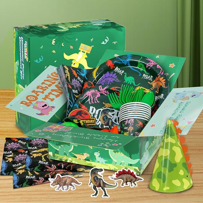 Party Spot!149 pcs Dinosaur Birthday Decorations, 12 Tableware Sets, Balloon Garland, Backdrop, Hanging Swirls, Dinosaur Birthday Party Decorations for kids