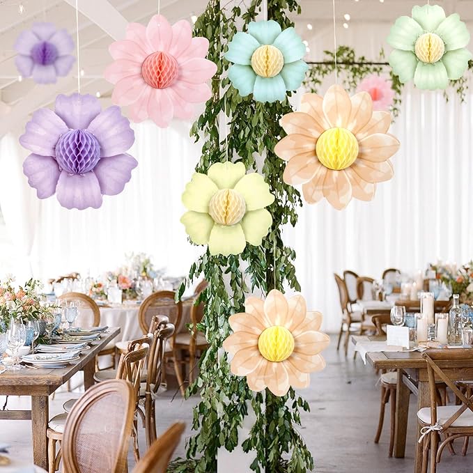SUNBEAUTY 9 PCS Pastel Flower Party Decorations Flowers Honeycomb Fairy Birthday Party Decorations Pastel Hanging Flower Decorations for Women Birthday Spring Easter Garden Tea Party Baby Shower