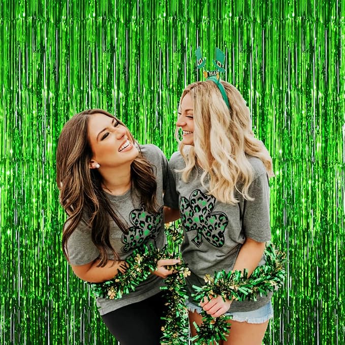 GOER 3.2 ft x 9.8 ft Metallic Tinsel Foil Fringe Curtains Party Photo Backdrop Party Streamers for St. Patrick's Day,Graduation,New Year Eve Decorations Christmas Wedding Decor (Green,4 Packs)