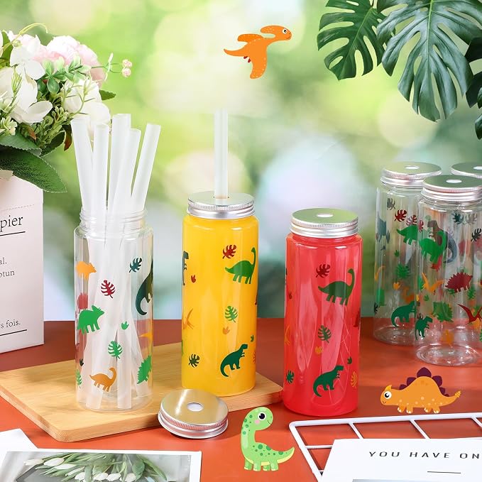 Skylety 12 Set 14 oz Dinosaur Themed Plastic Cup with Straw and Lid Cute Disposable Cups Bulk Dino Party Favors Drinking Mason Jars Tumbler for Birthday Supplies Juice Beverage Smoothie(Green Yellow)