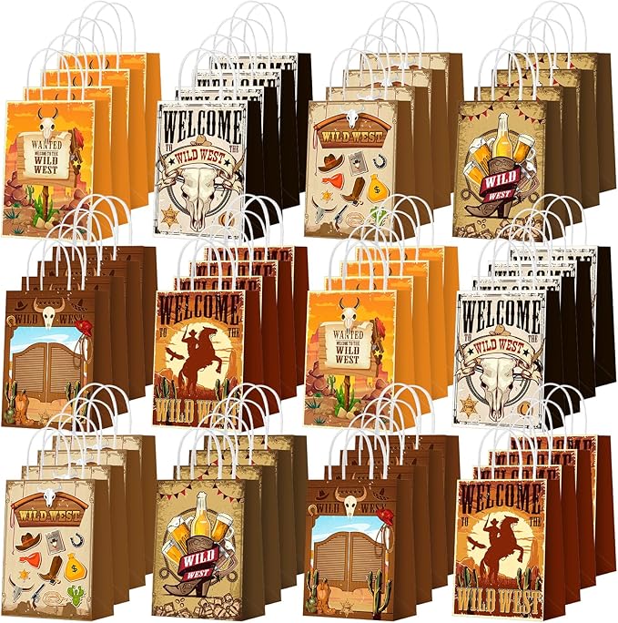 Outus 48 Pcs Cowboy Party Favor Bags Western Paper Gift Goodie Candy Treat Bags Bulk with Handle Wild West Rodeo Bag Gift Treat Wild West Pouch‌ for Cowgirl Birthday Party Supplies Favors