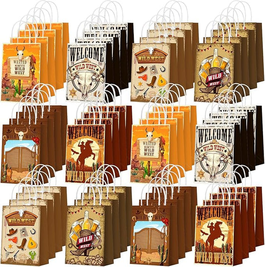 Outus 48 Pcs Cowboy Party Favor Bags Western Paper Gift Goodie Candy Treat Bags Bulk with Handle Wild West Rodeo Bag Gift Treat Wild West Pouch‌ for Cowgirl Birthday Party Supplies Favors