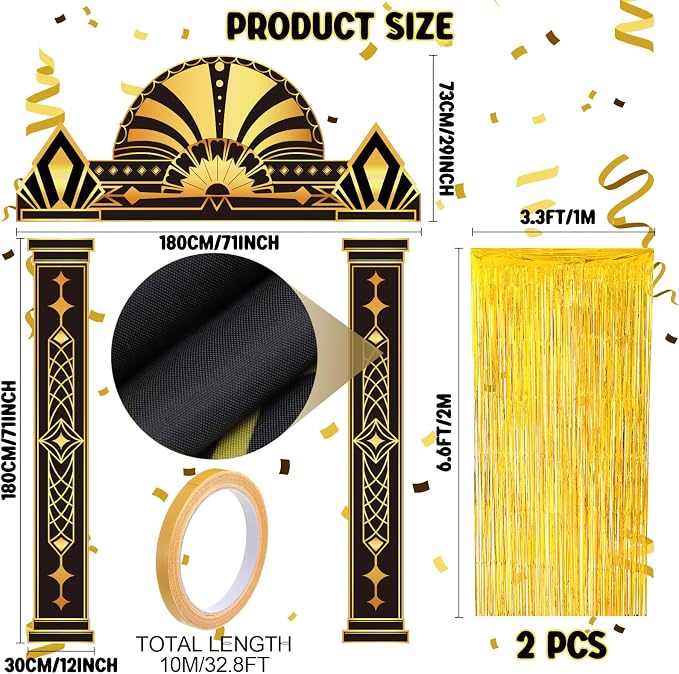 Peryiter 5 Pcs 1920s Party Decorations with Gold Foil Curtain Backdrop Roaring 20's Themed Backdrop Awards Night Party Decor for Vintage Black Gold Art Event for Halloween, New Year, Birthday