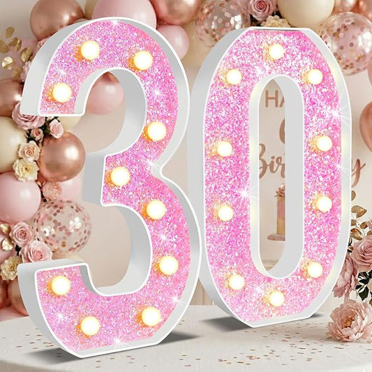 12.6 Inch LED Pink Marquee Light Up Numbers, Sweet 30th Birthday Decorations Number Lights as Gifts for Women, Glitter Lighted Marquee Numbers for Pink Anniversary Party Table Decor, 30