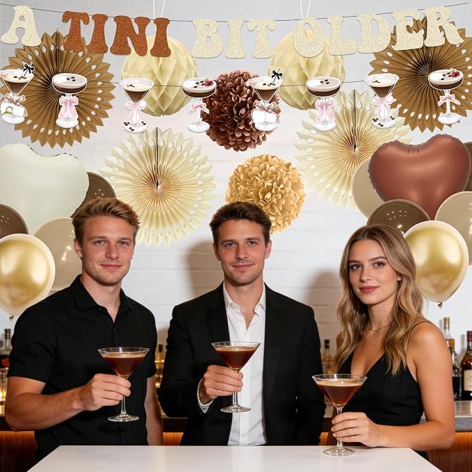 a Tini Bit Older Birthday Decorations - 30PCS Brown a Tini Bit Older Party Banners Balloons Paper Fans Pompoms Honeycomb Centerpieces, Martini Espresso Birthday Decor Supplies for Women