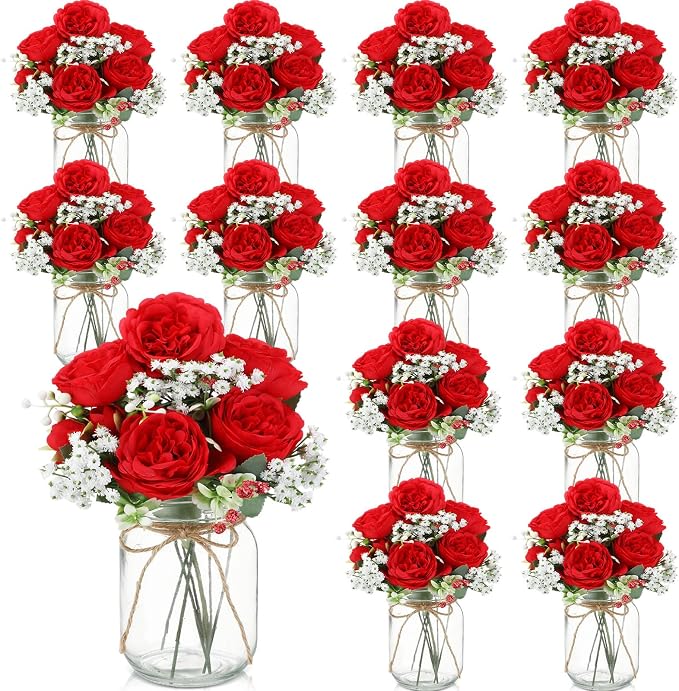Zeyune 12 Sets Mason Jar Centerpiece Table Decorations, Artificial Peony Baby's Breath Flower Bouquets, Faux Flowers with Vase, Rustic Decor Gifts for Home, Wedding, Holiday (Red)