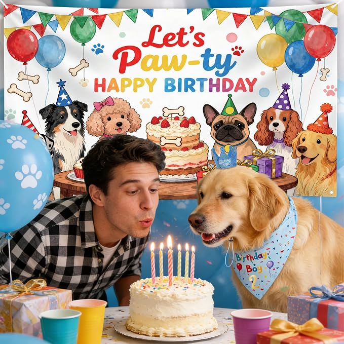 Dog Birthday Party Supplies,72X43Inch Let's Pawty Dogs Kids Birthday Party Banner Birthday Boy Cake Bandana Triangle Scarf Party Hat with Numbers for Large Medium Small Dog