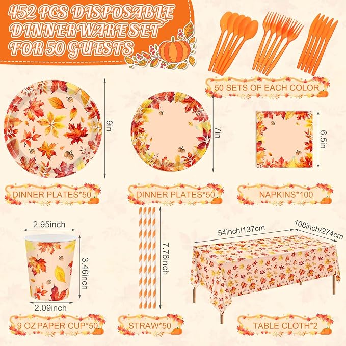 Funnymoom 452 Pcs Thanksgiving Fall Party Decorations, Maple Leaves Thanksgiving Paper Plates Napkins Cups Tablecloth Cutlery Straws for Autumn Fall Theme Birthday Holiday Party Supplies, Serves 50