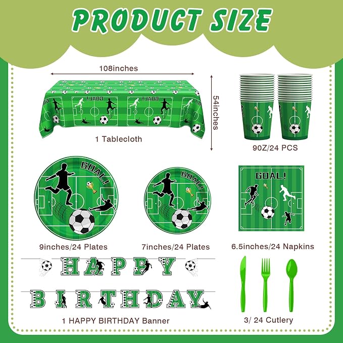 Cecnamt Soccer Birthday Decorations, 170 Pcs Soccer Party Decorations Including Banner, Plates, Cups, Napkins, Cutlery, Straws and Tablecloths, Serves 24