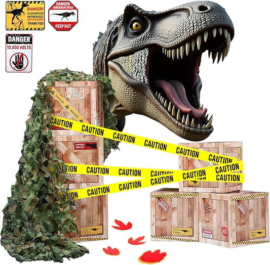 Panelee 16 Pcs Dinosaur Party Decorations Kit with Favor Boxes Caution Tape Camo Netting Safari Jungle Dinosaur Park Themed Party Supplies for Birthday Decorations