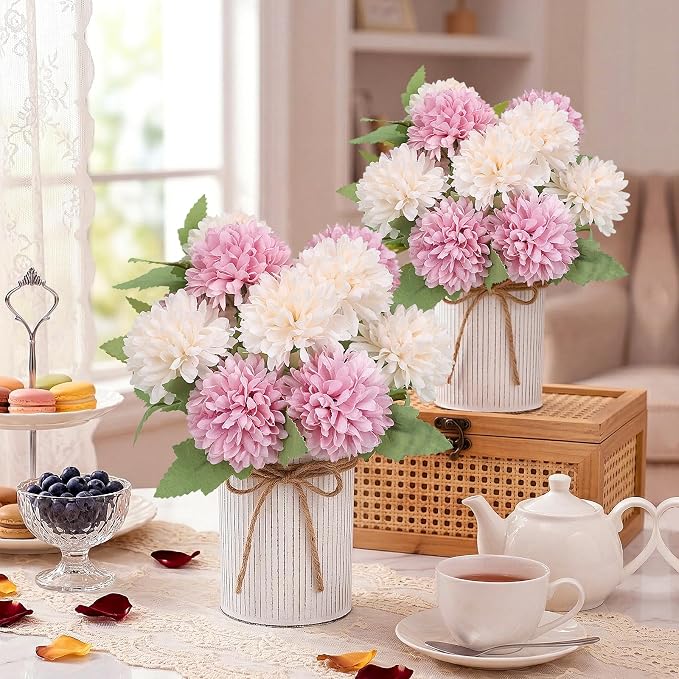 Pre-Made Flower Table Centerpieces, Set of 6 Artificial Silk Chrysanthemum with Farmhouse Metal Vases for Wedding, Birthday Parties, Home, Dining Table Decorations - Dusty Pink & Champagne