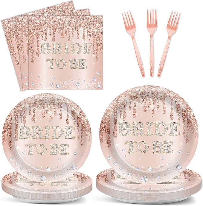 96Pcs Bridal Shower Party Decorations Rose Gold Themed Tableware Bride to Be Paper Plates Napkins Pink Bride to Be Dinnerware Party Supplies for Bachelorette Bridal Wedding Engagement Serves 24 Guests