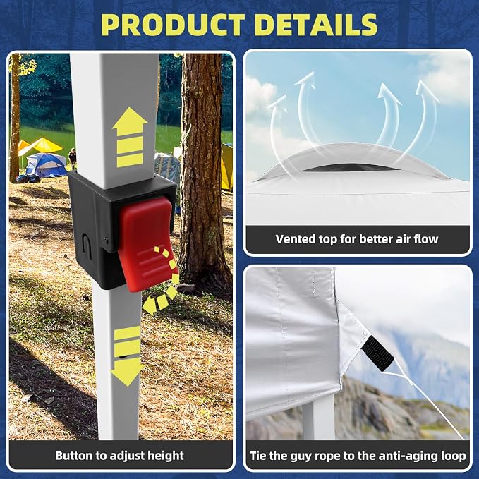 10x10 Pop Up Canopy Tent, Instant Folding Outdoor Shelter with High Strength Steel Frame and Handheld Carry Bag, Ground Stakes and Wind Ropes for Backyard Party, Camping, Beach Events, White