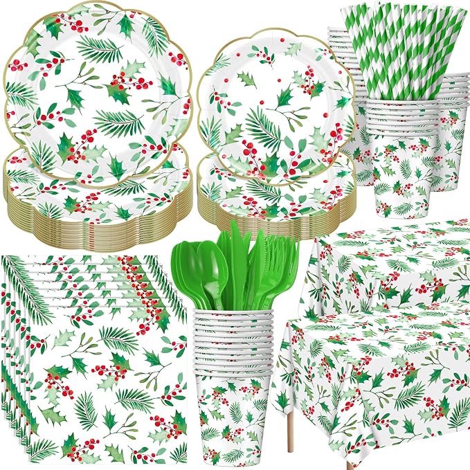 Funnymoom 452 Pcs Christmas Party Supplies for 50 Guest, Holly Berry Leaves Holiday Xmas Paper Plates Napkins Cups Tablecloth Cutlery Straws Disposable Tableware for Merry Christmas Party Decorations