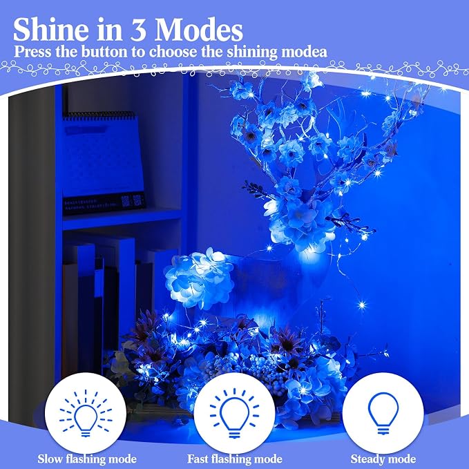 Hortsun 100 Packs Fairy Lights Battery Operated 3 Speed Modes, 7 Ft/ 2 M 20 LED Battery String Mini Waterproof Wire Twinkle Lights Bulk for Wedding Party Birthday Vases Decor (Blue Light)