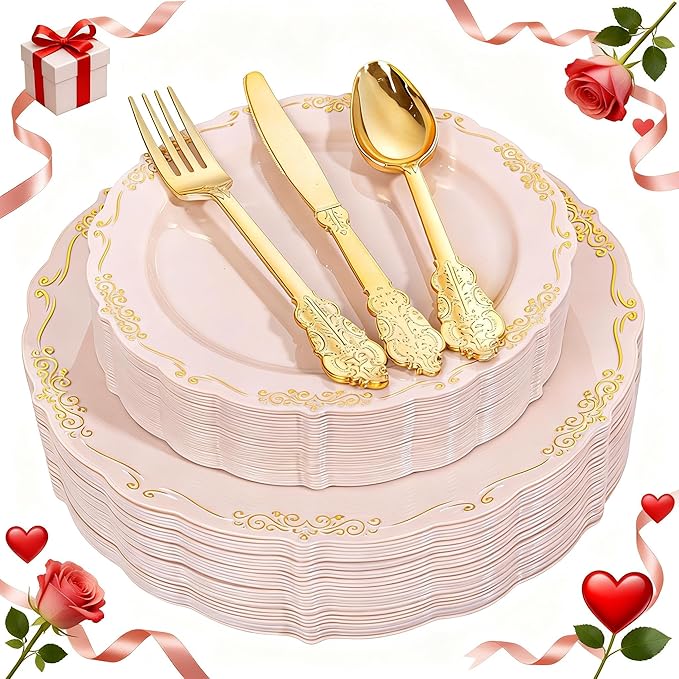 DaYammi 150Pcs Pink Plastic Plates with Gold Rimmed & Gold Silverware,Pink Disposable Plates for Party Include 30 Dinner Plate,30 Dessert Plate,30 Knives,30 Forks,30 Spoons for Mother's Day Party