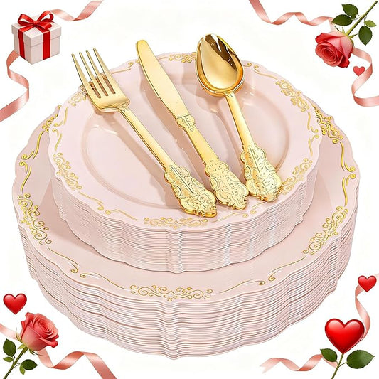 DaYammi 150Pcs Pink Plastic Plates with Gold Rimmed & Gold Silverware,Pink Disposable Plates for Party Include 30 Dinner Plate,30 Dessert Plate,30 Knives,30 Forks,30 Spoons for Mother's Day Party