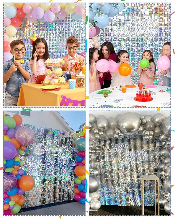Iridescent Silver Shimmer Wall Backdrop 24 Panels Cover 6 x 4 Ft, Photo Backdrops for Wedding,Anniversary,Birthday,Party Decoration
