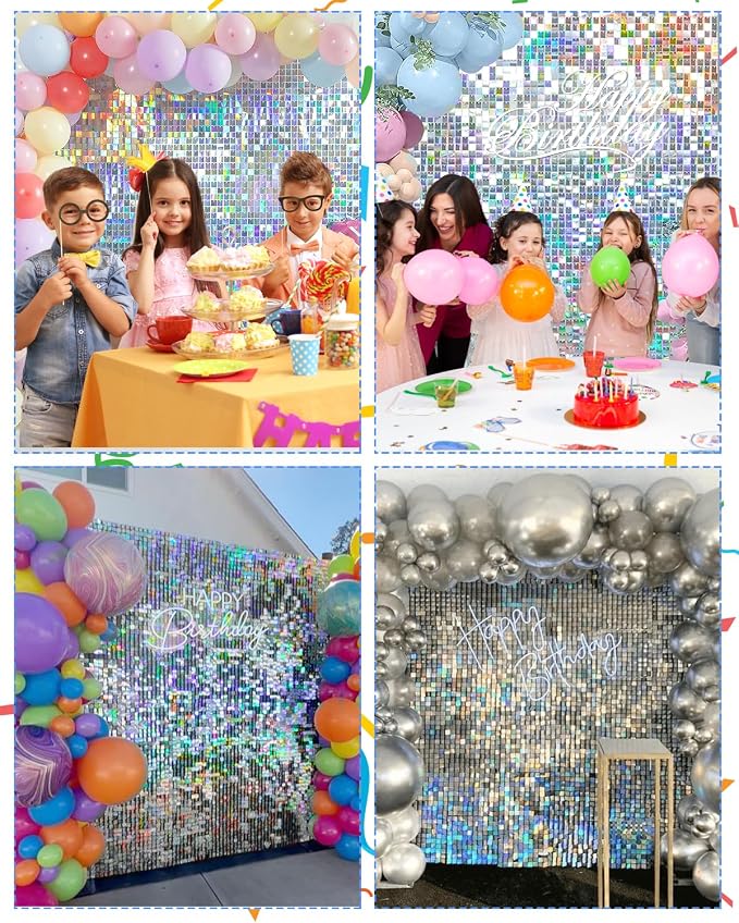 Iridescent Silver Shimmer Wall Backdrop 48 Panels Cover 6 x 8 Ft, Photo Backdrops for Wedding,Anniversary,Birthday,Party Decoration