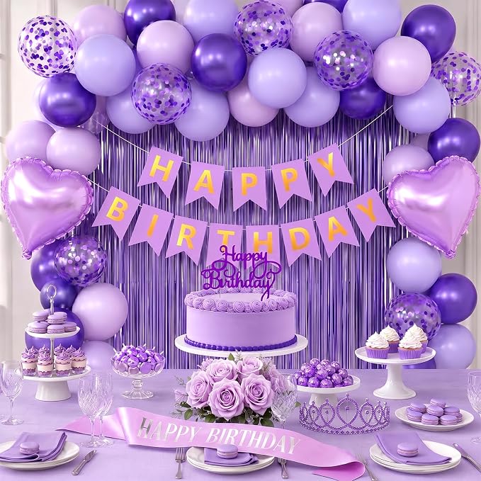 Purple Birthday Decorations for Women Girls,Purple Latex Balloons with Happy Birthday Banner,Fringe Curtain,Cake Topper,Sash and Crown for Birthday Party Supplies