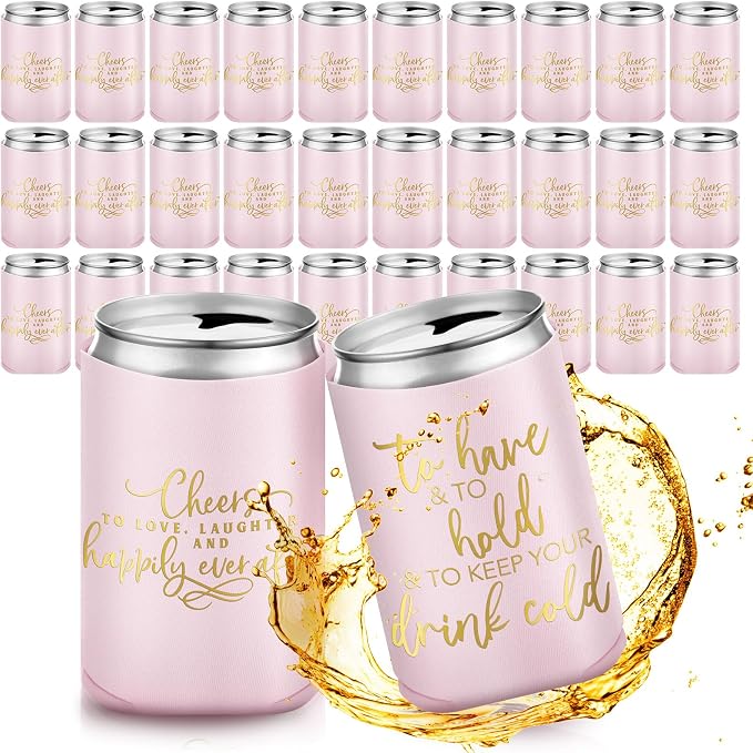 Qinyoung 50 Pieces Pink Rose Wedding Can Cooler Bulk Engagement Party Favors for Guests Cheers to Love Laughter and Happily Ever After Rehearsal Dinner Decorations for Wedding Bridal Party
