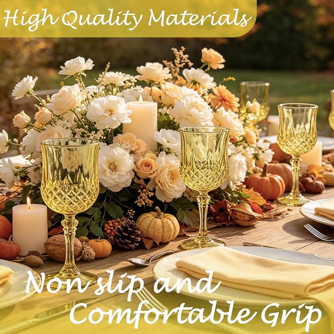 Plastic Wine Glasses, Plastic Goblets Vintage Style Cordial Unbreakable Drinking Glasses, Reusable Drinkware for Wedding Reception, Grand Event Party Supplies (100, Gold)
