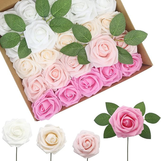 JOYLEX Artificial Flowers Realistic Roses, 100pcs Real Looking Fake Roses with Stem for DIY Wedding Bouquets Centerpieces Bridal Shower Party Home Romantic Decorations (Shades of Pink)