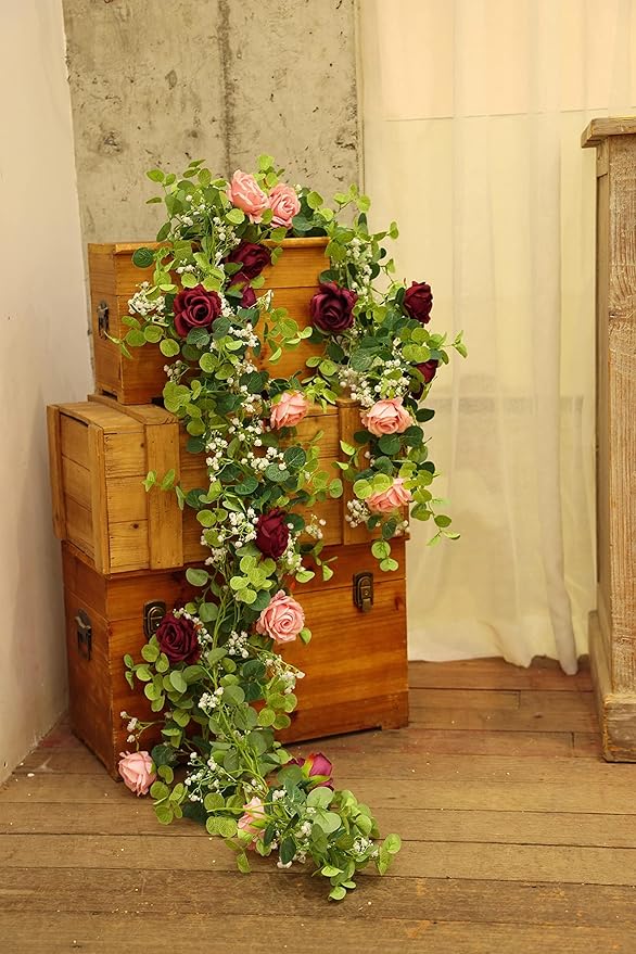 Anna's Whimsy 2PCS 5.91FT Artificial Eucalyptus Garland with Flowers, Fake Rose Gypsophila Garlands, Faux Floral Greenery Garland for Wedding Spring Home Party Table Runner Decor（Dusty Pink）