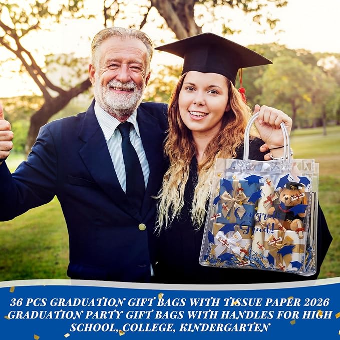 Supervitae 36 Pcs Graduation Gift Bags Bulk Clear Congrats Grad Goodies Bag with Handle Treats Tote for School Class 2026 End of Year Party Supplies, 8 x 8 x 3.15 Inch