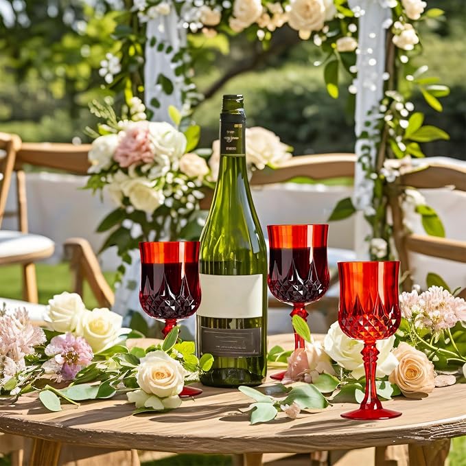 XKXKKE 24 Pcs Red Plastic Wine Glasses, Plastic Water Goblets for Parties, Stemmed Drinking Glasses for Wedding Reception, Grand Event Party Bar Supplies Reusable Drinking Cups