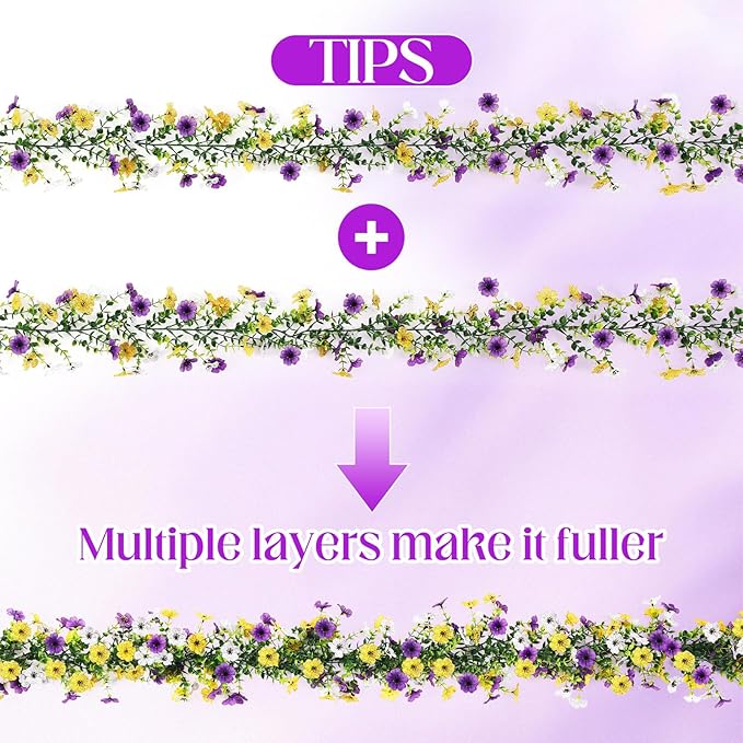 8 Pcs 6 ft Artificial Flowers Wisteria Garland-Total 48 ft Fake Hanging Wisteria Flowers Green Vines Garlands, Faux Flower Daisy with Eucalyptus Leaves for Garden Decor (Mixed 3 Colors)