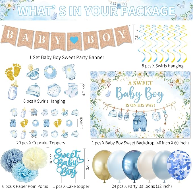 Baby Shower Decorations Boy, Blue Baby Boy Shower Party Supplies | Plate, Napkin, Cup, Tablecloth, Backdrop, Banner, Swirls, Topper, Balloons, Cutlery, All Packages in Gift Box for 24 Guests