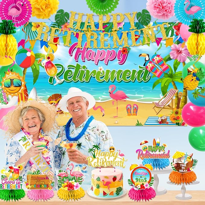 Beach Retirement Party Decorations, Aloha Party Decorations includes Happy Retirement Banner Hawaiian Backdrop and Hanging Swirls Honeycomb Centerpieces, for Aloha Decor