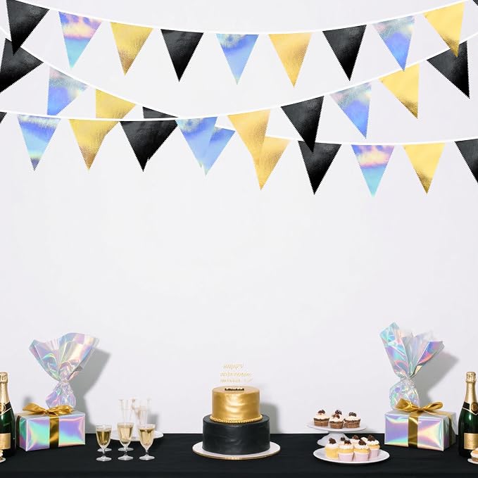 Black Gold Iridescent Party Decorations Triangle Pennant Banner Flag Metallic Fabric Bunting for Birthday Graduation Retirement Wedding Bridal Shower Engagement Bachelorette Disco Party Supplies